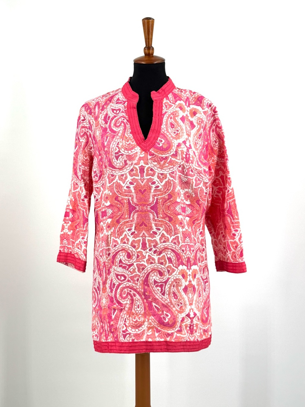 Brooks Brothers Linen Pink Paisley Split Neck 3/4 Sleeve Tunic Top Size L